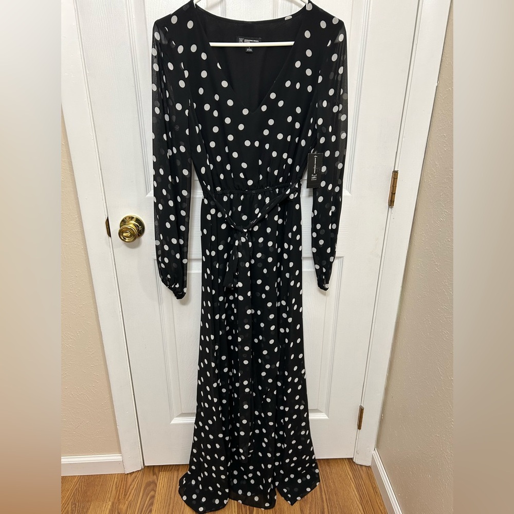 INC International Concepts Black and White Polka Dot Long Sleeve Dress